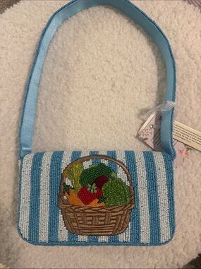 Beaded Basket Motif Shoulder Bag in Light Blue and White - Unbranded